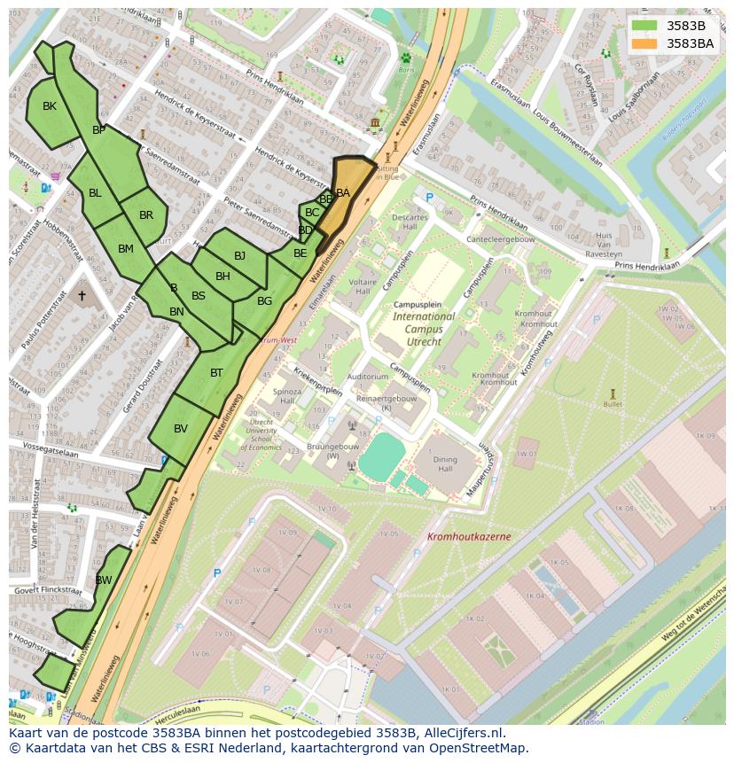 Afbeelding van het postcodegebied 3583 BA op de kaart.