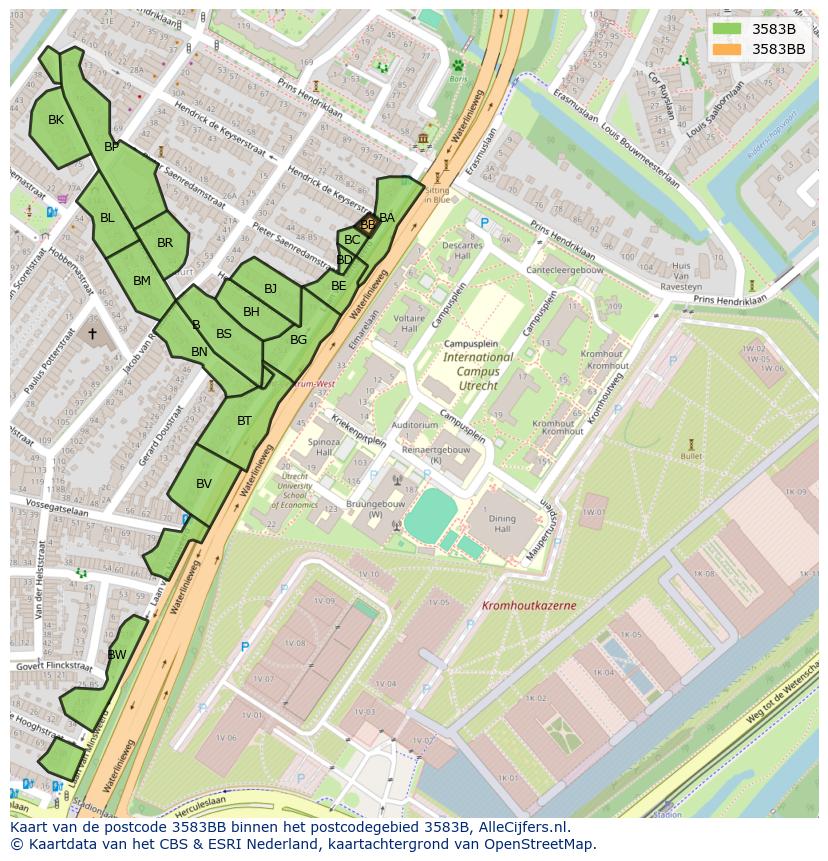 Afbeelding van het postcodegebied 3583 BB op de kaart.