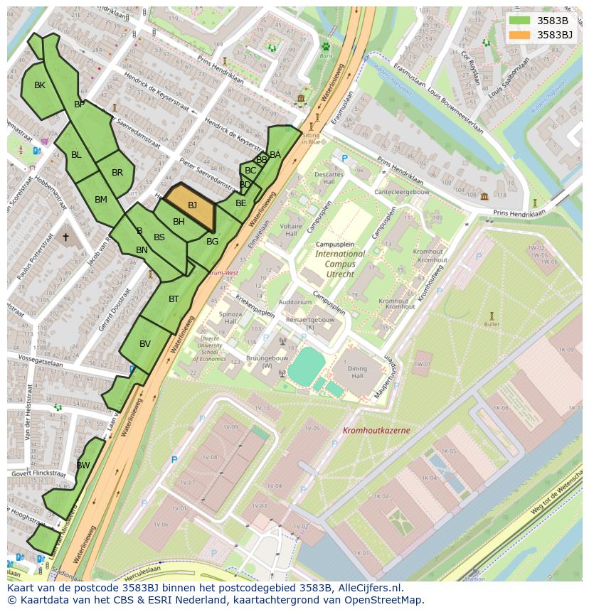 Afbeelding van het postcodegebied 3583 BJ op de kaart.