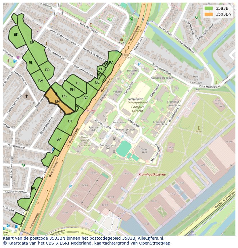 Afbeelding van het postcodegebied 3583 BN op de kaart.