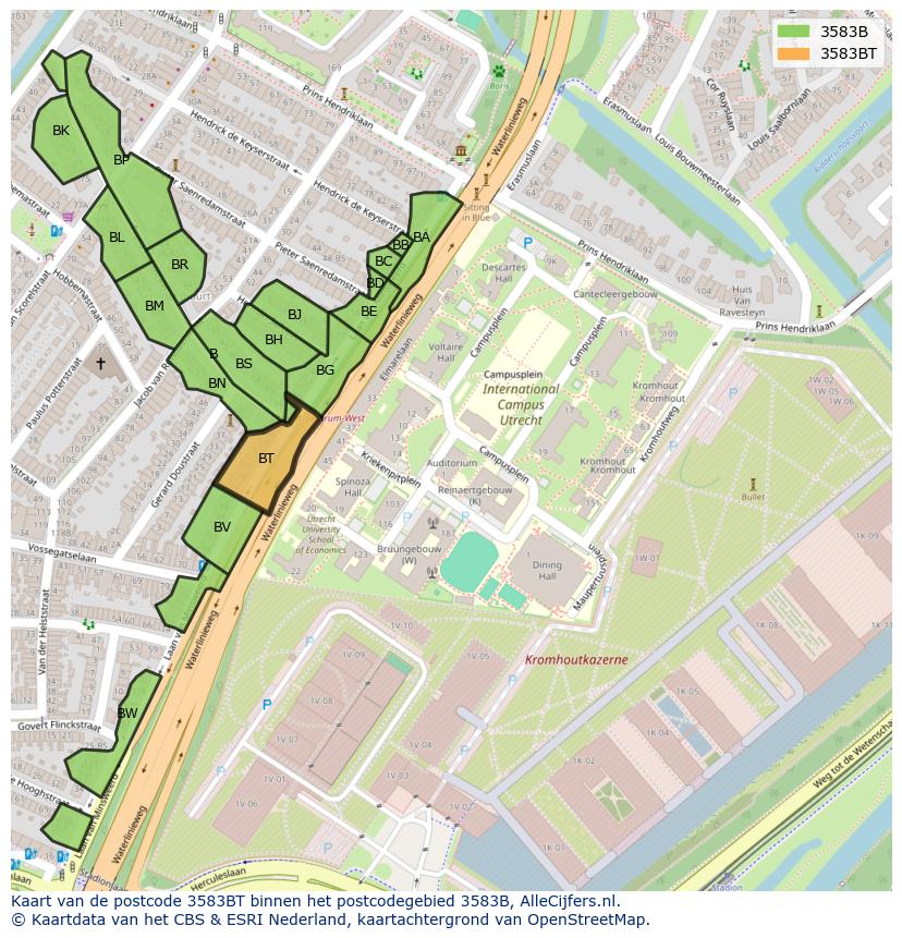 Afbeelding van het postcodegebied 3583 BT op de kaart.