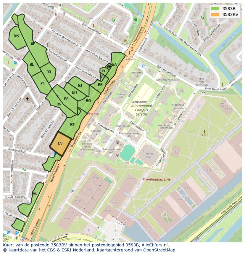 Afbeelding van het postcodegebied 3583 BV op de kaart.