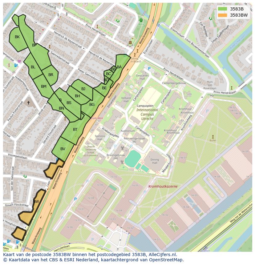 Afbeelding van het postcodegebied 3583 BW op de kaart.