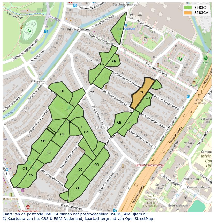 Afbeelding van het postcodegebied 3583 CA op de kaart.