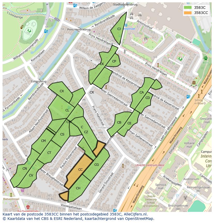 Afbeelding van het postcodegebied 3583 CC op de kaart.