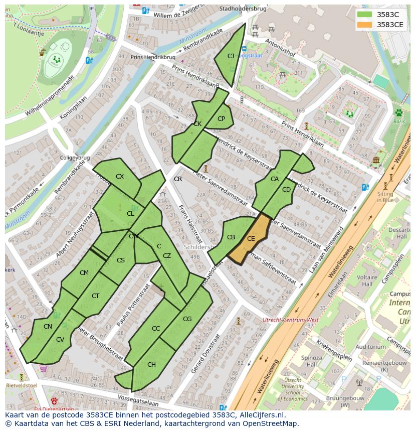 Afbeelding van het postcodegebied 3583 CE op de kaart.