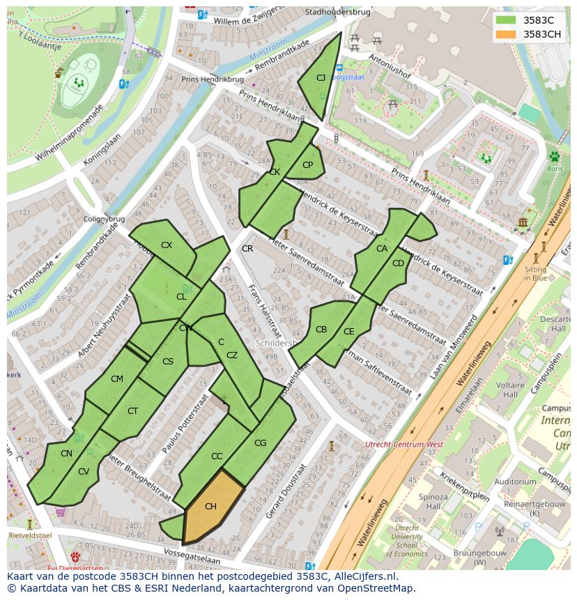 Afbeelding van het postcodegebied 3583 CH op de kaart.