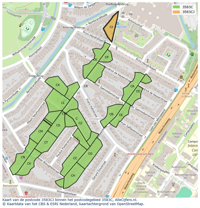 Afbeelding van het postcodegebied 3583 CJ op de kaart.