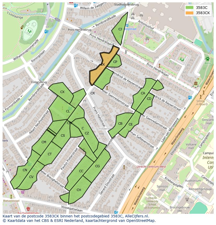 Afbeelding van het postcodegebied 3583 CK op de kaart.