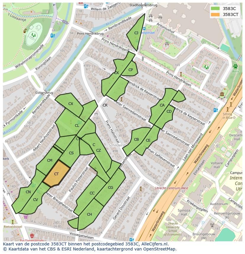 Afbeelding van het postcodegebied 3583 CT op de kaart.