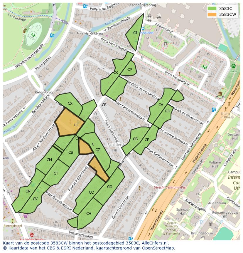 Afbeelding van het postcodegebied 3583 CW op de kaart.