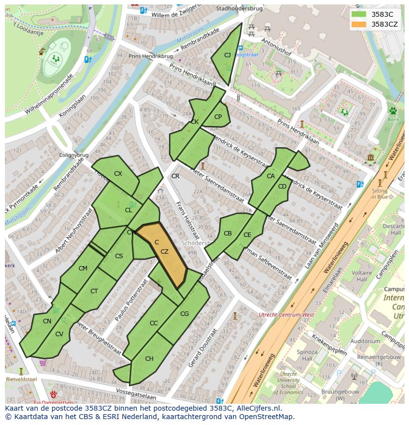 Afbeelding van het postcodegebied 3583 CZ op de kaart.