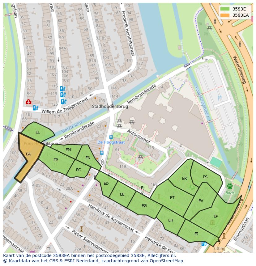 Afbeelding van het postcodegebied 3583 EA op de kaart.
