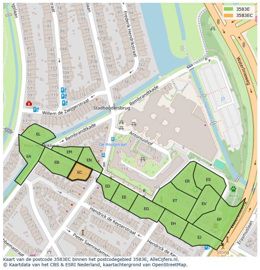 Afbeelding van het postcodegebied 3583 EC op de kaart.