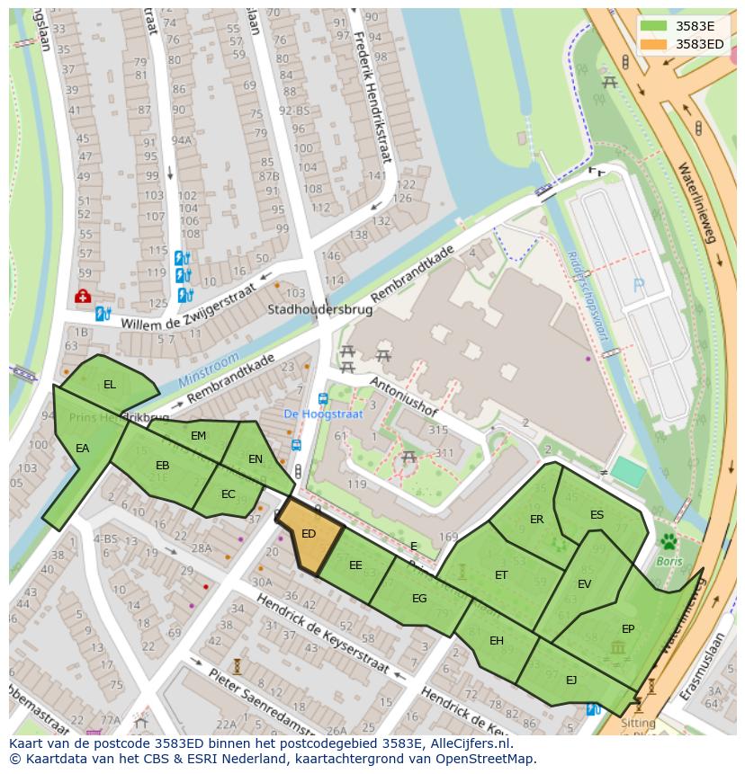 Afbeelding van het postcodegebied 3583 ED op de kaart.