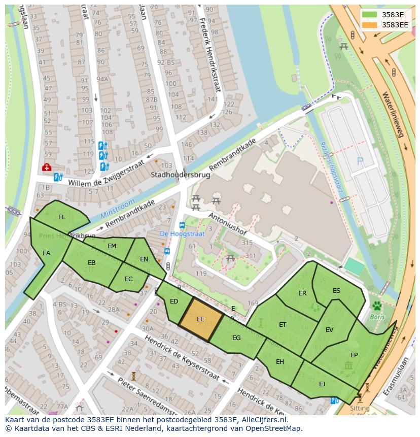 Afbeelding van het postcodegebied 3583 EE op de kaart.