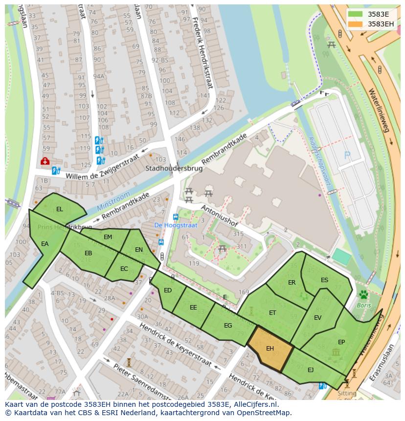 Afbeelding van het postcodegebied 3583 EH op de kaart.