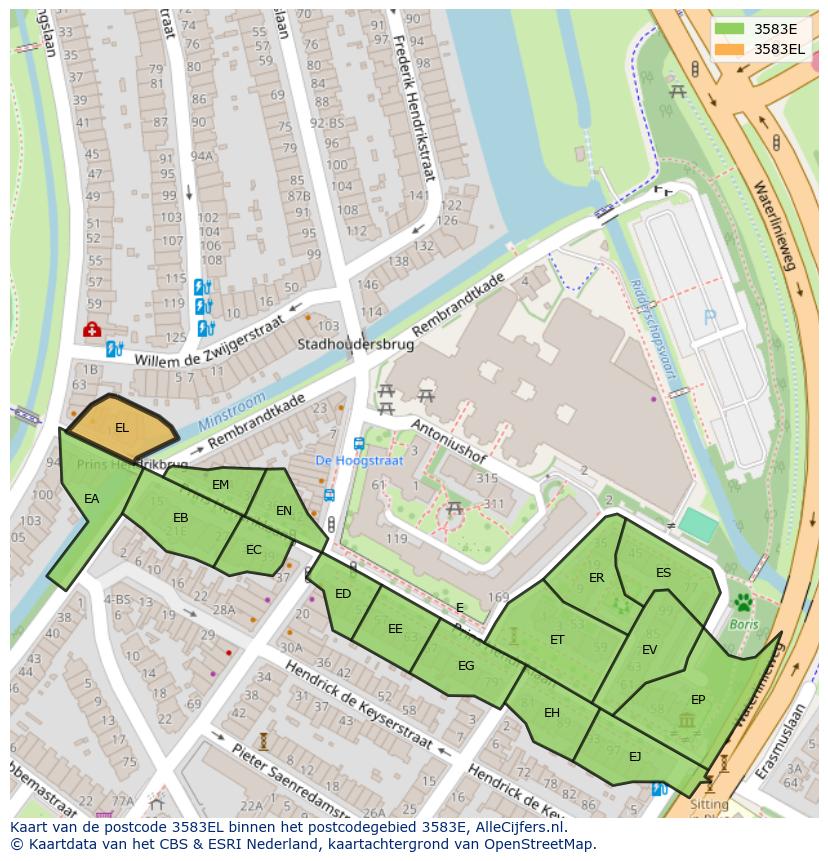 Afbeelding van het postcodegebied 3583 EL op de kaart.