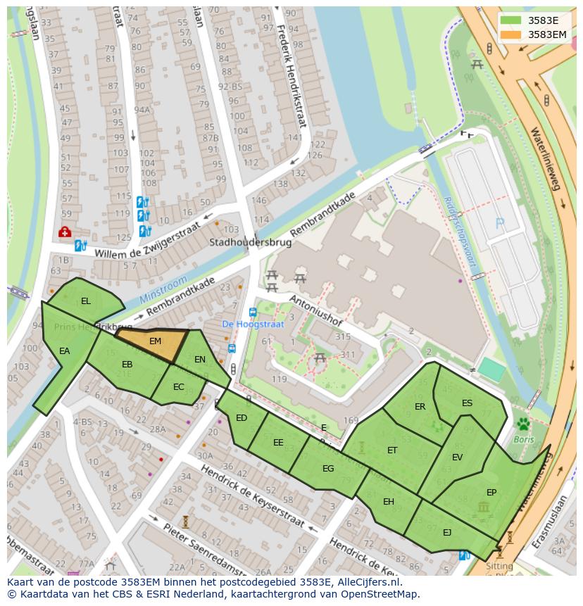 Afbeelding van het postcodegebied 3583 EM op de kaart.