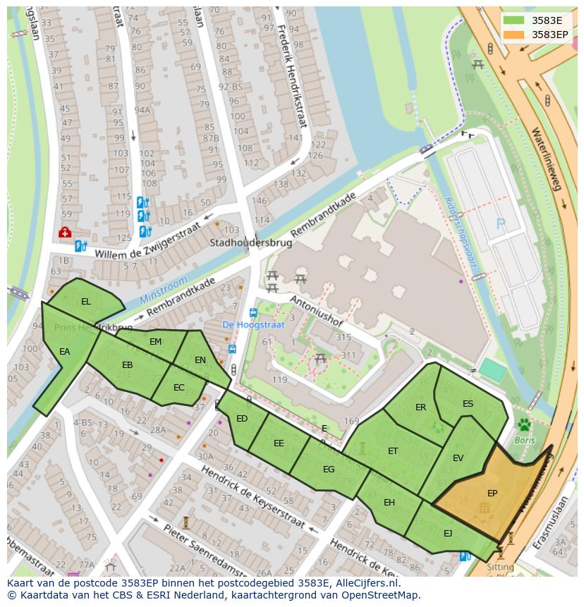 Afbeelding van het postcodegebied 3583 EP op de kaart.