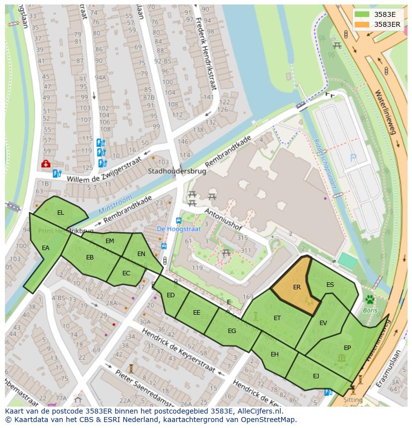 Afbeelding van het postcodegebied 3583 ER op de kaart.