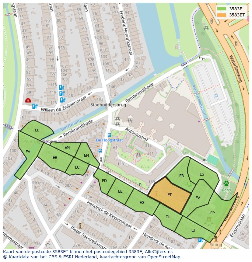 Afbeelding van het postcodegebied 3583 ET op de kaart.