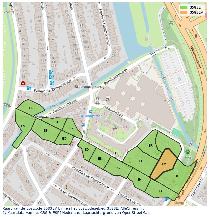 Afbeelding van het postcodegebied 3583 EV op de kaart.