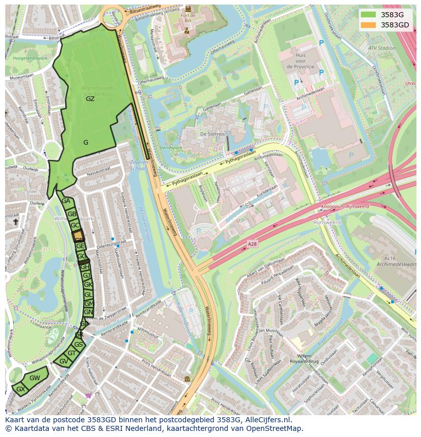 Afbeelding van het postcodegebied 3583 GD op de kaart.
