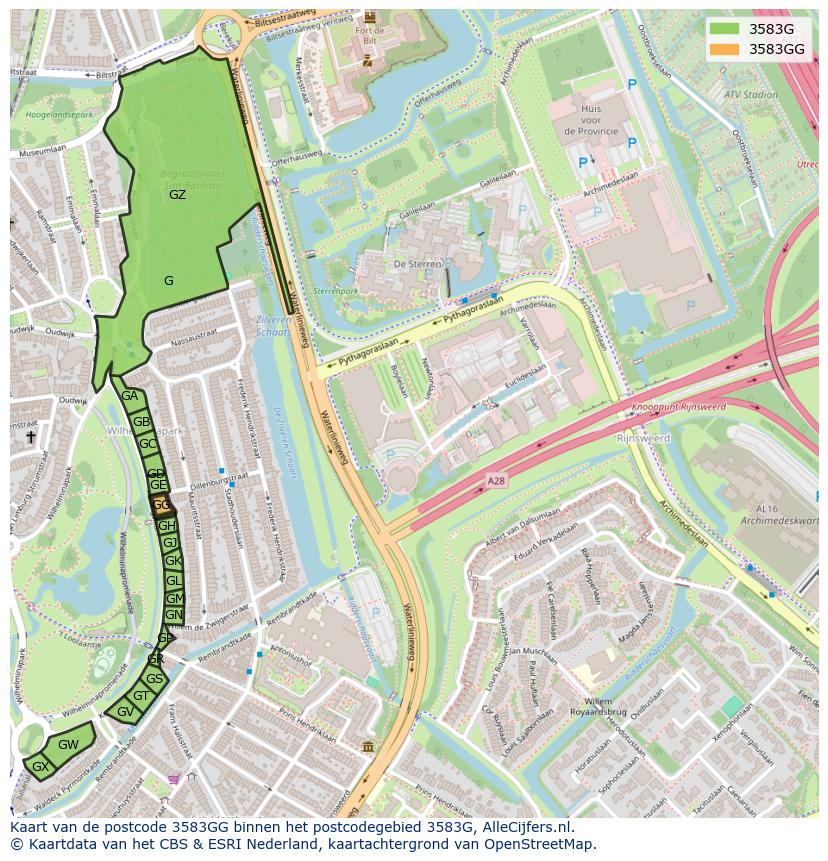 Afbeelding van het postcodegebied 3583 GG op de kaart.