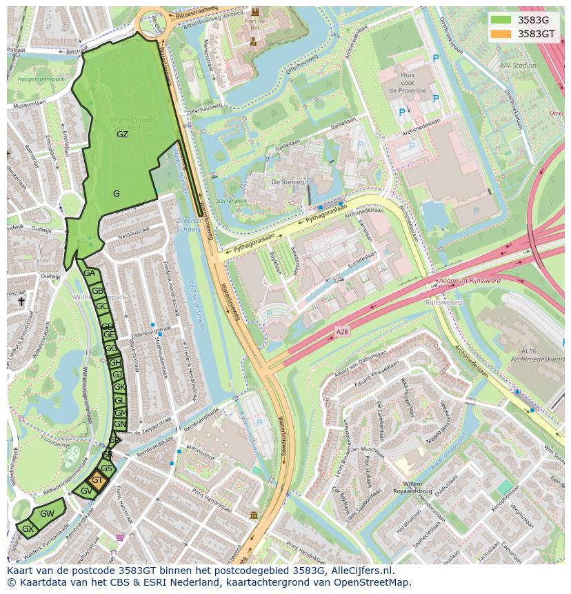Afbeelding van het postcodegebied 3583 GT op de kaart.