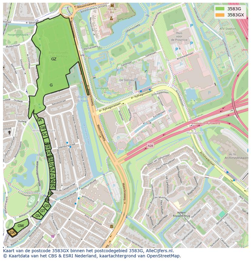 Afbeelding van het postcodegebied 3583 GX op de kaart.