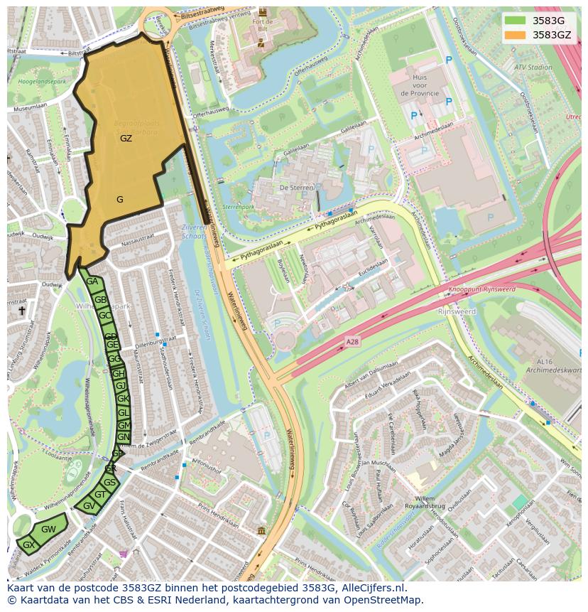 Afbeelding van het postcodegebied 3583 GZ op de kaart.
