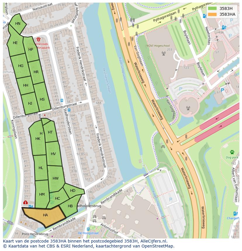 Afbeelding van het postcodegebied 3583 HA op de kaart.