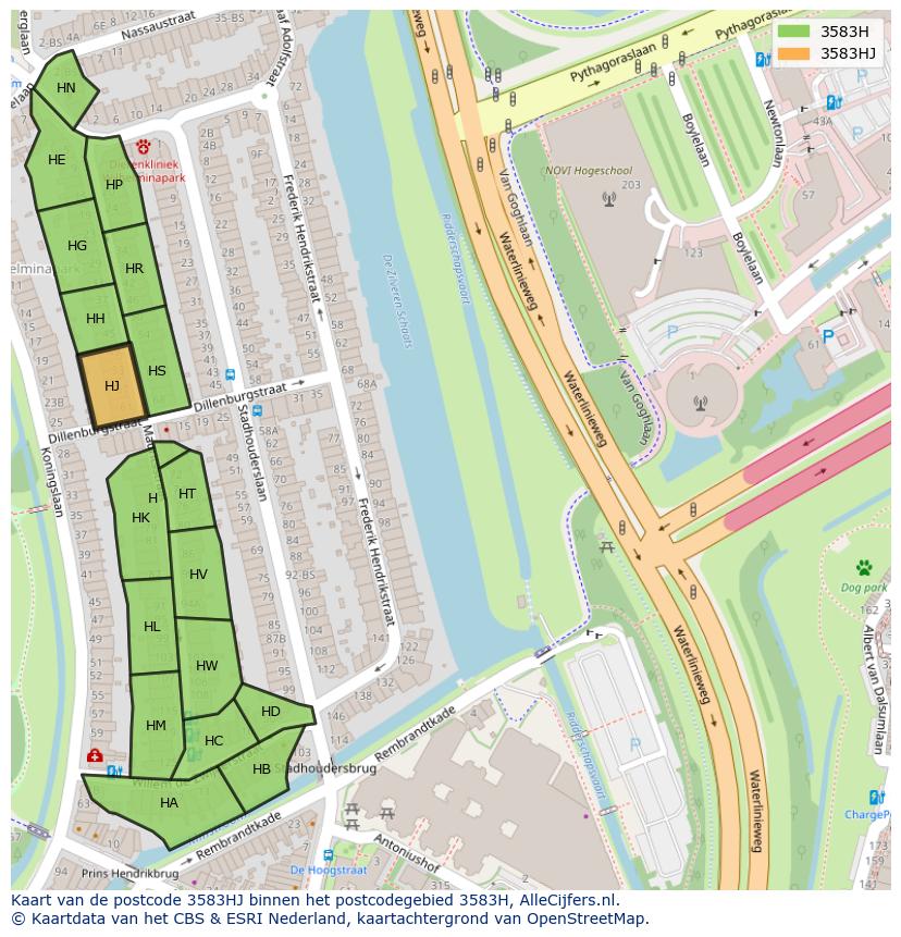 Afbeelding van het postcodegebied 3583 HJ op de kaart.