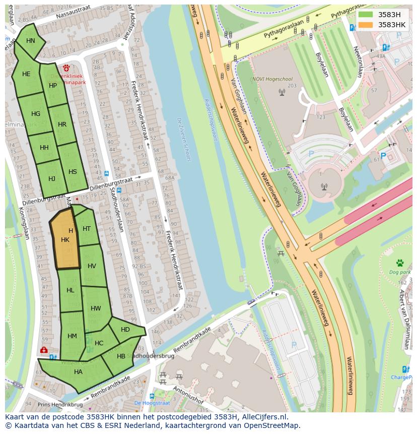 Afbeelding van het postcodegebied 3583 HK op de kaart.