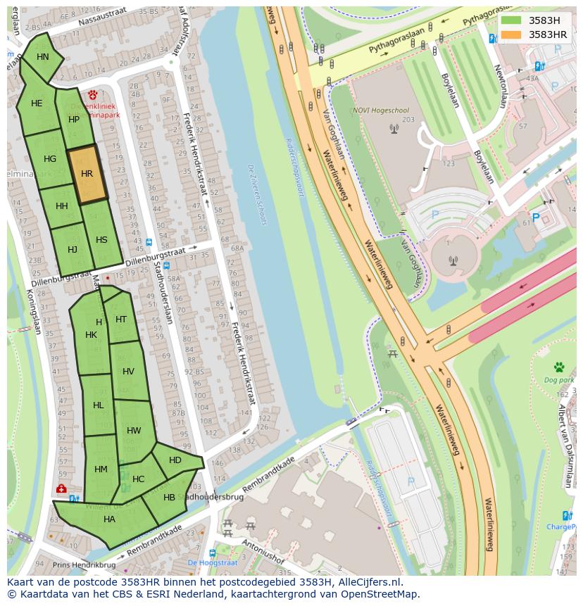 Afbeelding van het postcodegebied 3583 HR op de kaart.