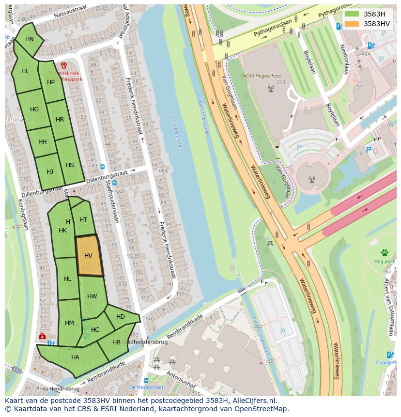 Afbeelding van het postcodegebied 3583 HV op de kaart.