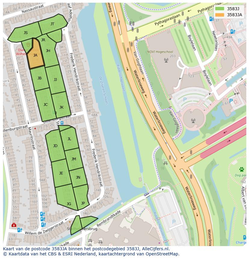 Afbeelding van het postcodegebied 3583 JA op de kaart.