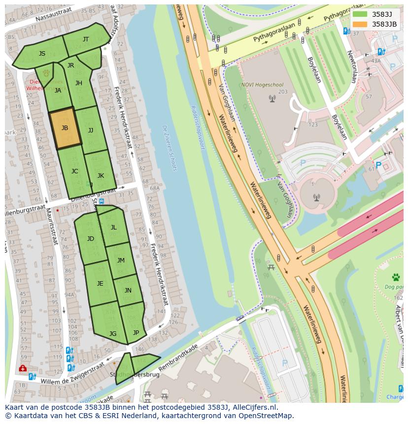 Afbeelding van het postcodegebied 3583 JB op de kaart.