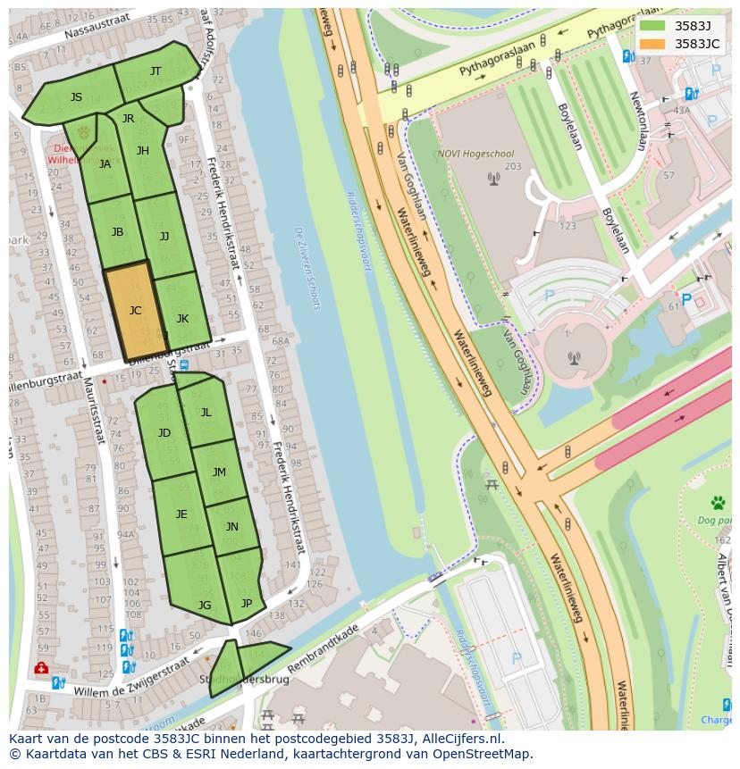 Afbeelding van het postcodegebied 3583 JC op de kaart.