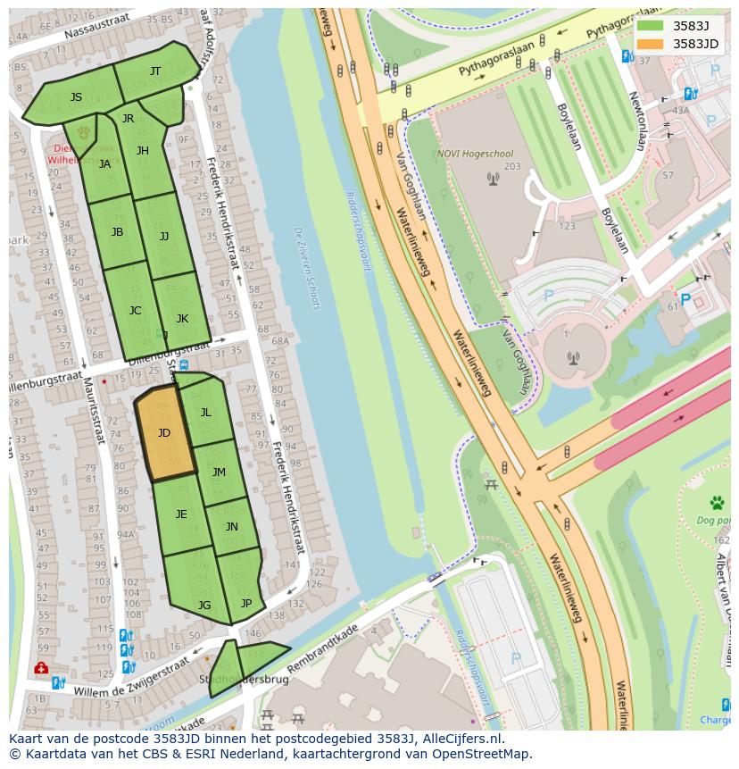 Afbeelding van het postcodegebied 3583 JD op de kaart.