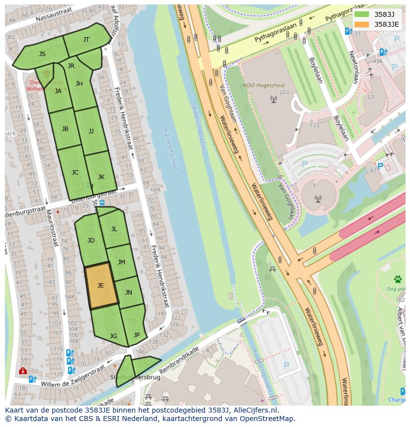 Afbeelding van het postcodegebied 3583 JE op de kaart.