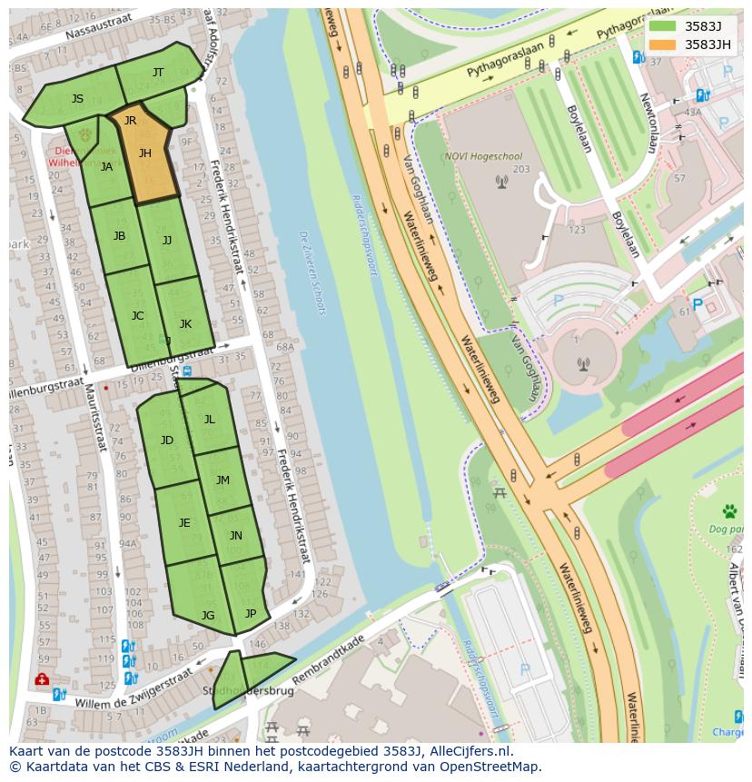 Afbeelding van het postcodegebied 3583 JH op de kaart.