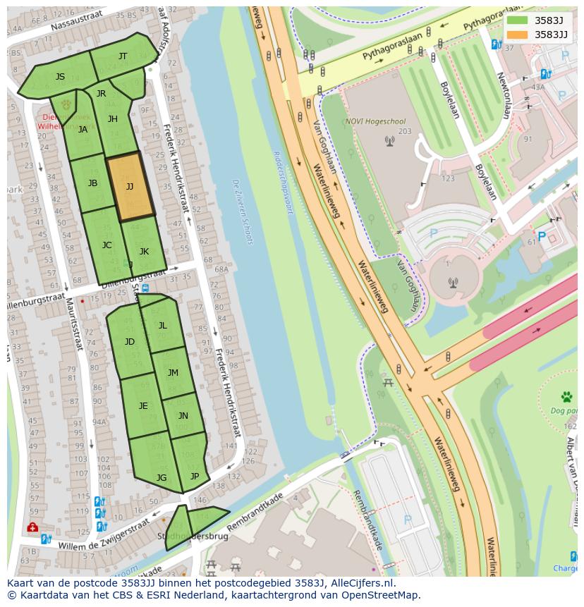 Afbeelding van het postcodegebied 3583 JJ op de kaart.