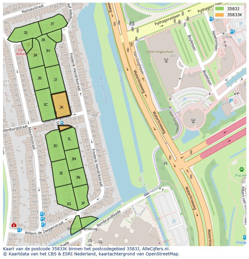 Afbeelding van het postcodegebied 3583 JK op de kaart.