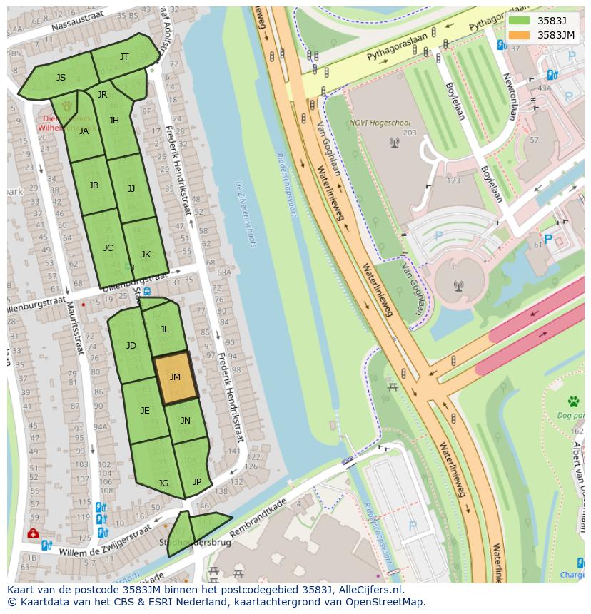 Afbeelding van het postcodegebied 3583 JM op de kaart.