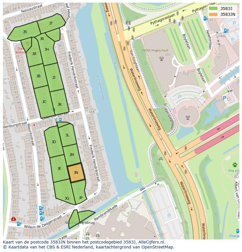 Afbeelding van het postcodegebied 3583 JN op de kaart.