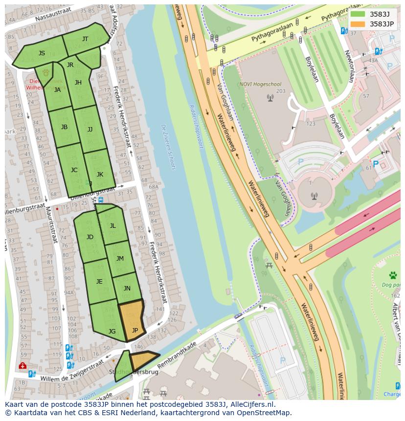 Afbeelding van het postcodegebied 3583 JP op de kaart.