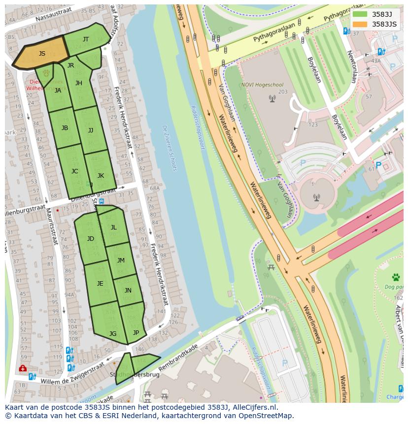 Afbeelding van het postcodegebied 3583 JS op de kaart.