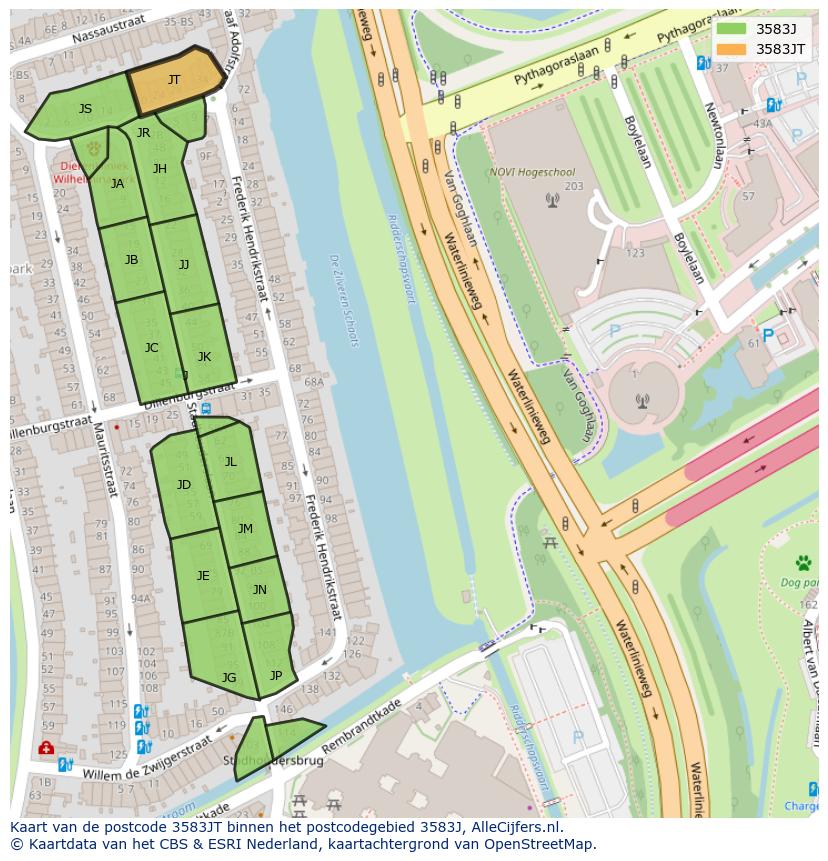 Afbeelding van het postcodegebied 3583 JT op de kaart.
